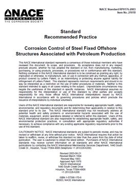 	Picture for NACE RP0176-2003, Corrosion Control of Steel Fixed Offshore Structures Associated with Petroleum Production
