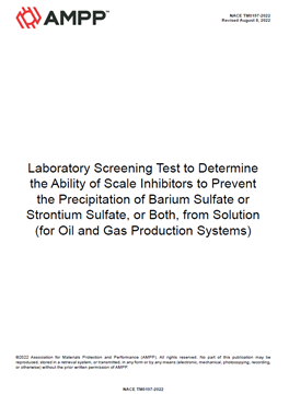 Picture for NACE TM0197-2022, Laboratory Screening Test to Determine the Ability of Scale Inhibitors to Prevent the Precipitation of Barium Sulfate or Strontium Sulfate, or Both, from Solution (for Oil and Gas Production Systems)